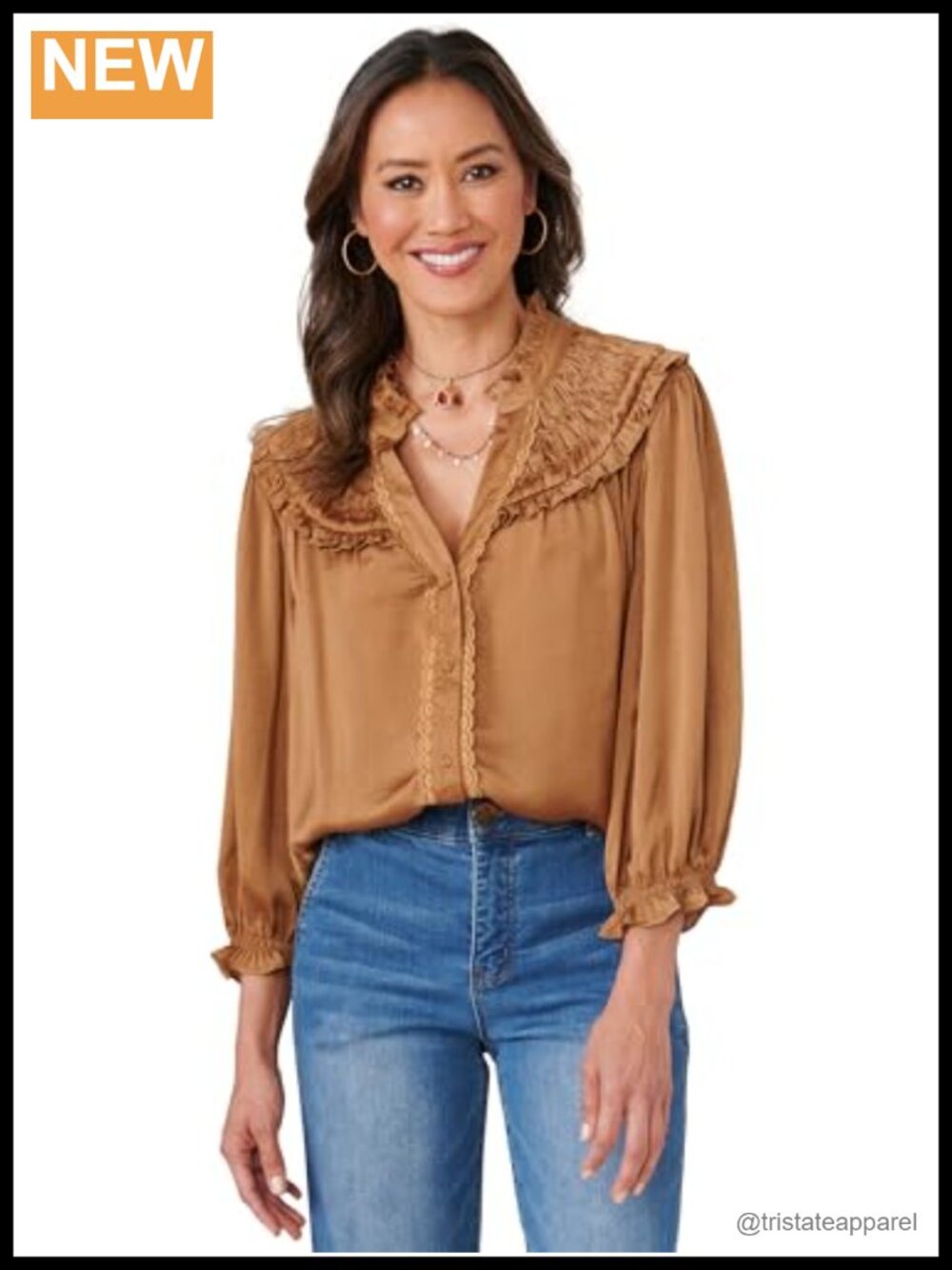 3/4 Sleeve Woven Peasant Top Blouson with Ruffle Trim